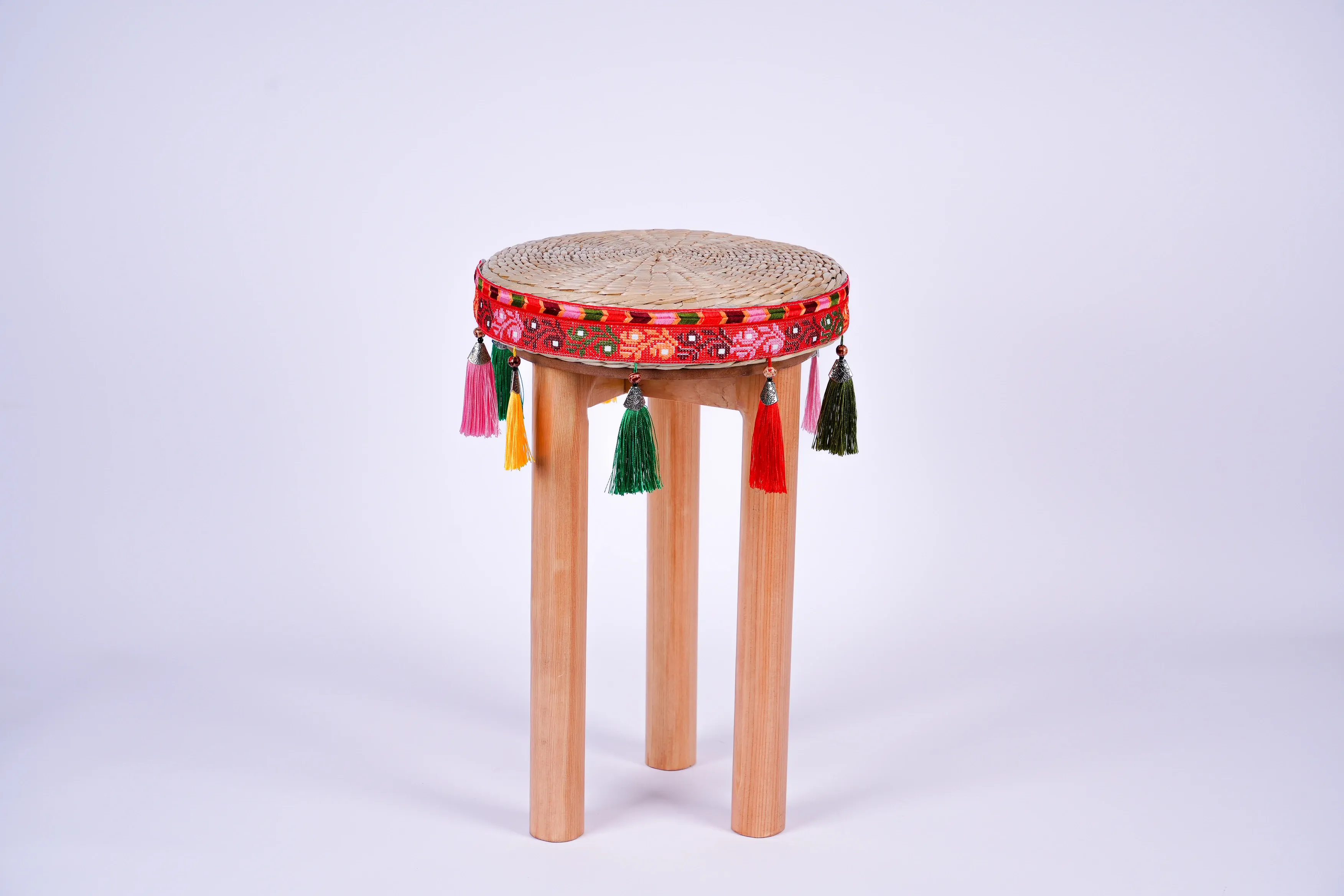Woven grass wooden stool